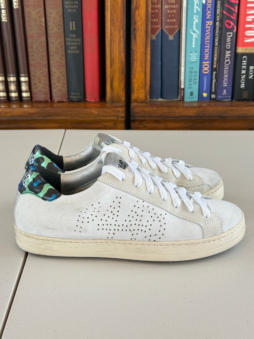P448 Cream "John" Low Camo Glitter Italian Leather 37 or 6.5/7 Sneaker